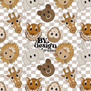 May include: A repeating pattern featuring cartoon animal faces, including giraffes, tigers, monkeys, lions, bears, and elephants. The design is set against a checkered background with the text "BY design Graphics". The animals are in shades of brown, tan, and cream.