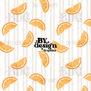 May include: A repeating pattern of orange citrus slices on a white background with vertical beige stripes. The design includes the text "BY design Graphics" in black. The image has a retro, summery vibe.