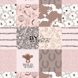 Patchwork sans couture | Courtepointe de ferme sans couture | Patchwork western sans couture | Vache Highland sans couture | Fille western sans couture