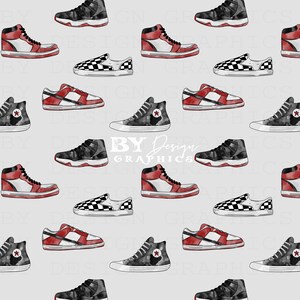 May include: A seamless pattern featuring various styles of sneakers in red, black, and white. The sneakers are painted in a watercolor style and have a variety of designs, including checkered patterns and stars.