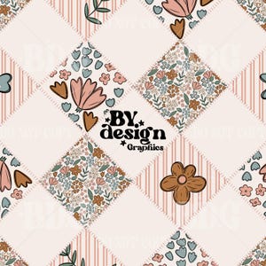 May include: A seamless pattern featuring a patchwork design with floral and heart motifs in shades of pink, brown, and blue. The design includes the text "BY design Graphics". The background has vertical stripes.