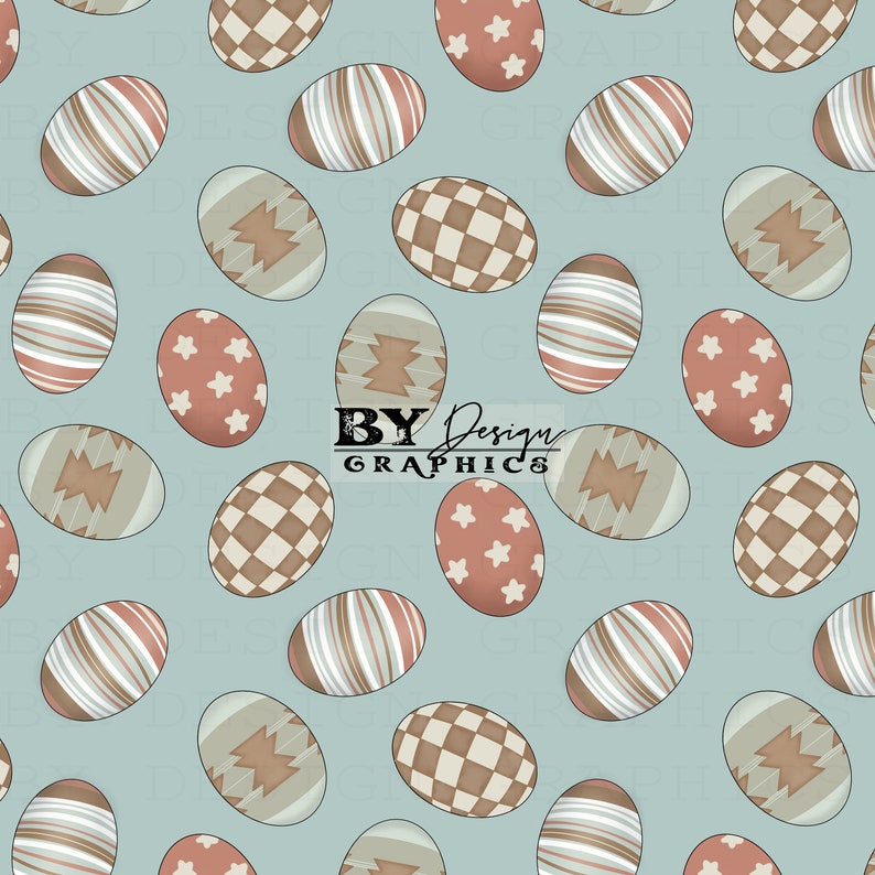 May include: A repeating pattern of Easter eggs in various designs, including stripes, stars, and checkered patterns. The eggs are in shades of brown, beige, and coral, set against a light blue background. The text "BY Design GRAPHICS" is visible.