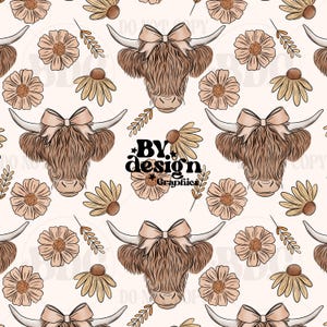 Vache Highland sans couture | Fille vache sans couture | Vache avec noeud sans couture | Fille de ferme sans couture | Bovins fille sans couture | Vache Highland floral sans couture