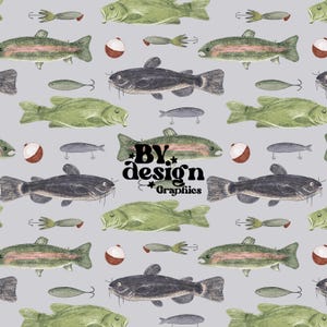 May include: A seamless pattern featuring various types of fish, including catfish, bass, and trout. The fish are illustrated in a watercolour style with a light grey background. The text "BY design Graphics" is centred in the pattern.