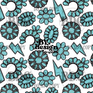 May include: A seamless pattern featuring turquoise-colored floral and geometric shapes, including lightning bolts, set against a white background. The design incorporates black outlines and the text "By Design Graphics".
