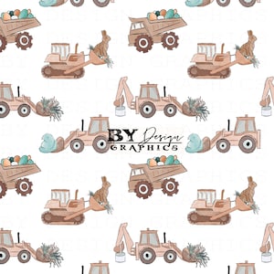 Peut inclure: Un motif sans couture représentant divers véhicules de chantier et des éléments de Pâques. Le motif comprend des camions à benne basculante, des excavatrices, des bulldozers et des lapins tenant des paniers d'œufs. Les véhicules sont bruns et les lapins sont blancs avec des nez roses. Le fond est blanc.