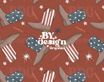 American Cowboy Seamless Pattern | Hand Drawn | Patriotic Seamless | American Seamless | Fourth of July | Red White Blue Boots Seamless