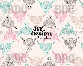 Highland Cow Seamless | Girl Highland Seamless | Western Highland Seamless | Retro Western Girl Seamless | Girl Cow Seamless | Cow Seamless