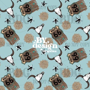 May include: A seamless pattern featuring a turquoise background with brown and white cow skull, brown and turquoise Route 66 signs, brown and white cowhide stars, and brown hay bales.