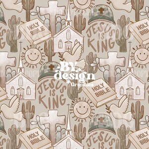 May include: A seamless pattern featuring a beige background with various religious and Christian themed illustrations. The pattern includes a church, crosses, cacti, doves, and the text "Jesus is King" and "Holy Bible".