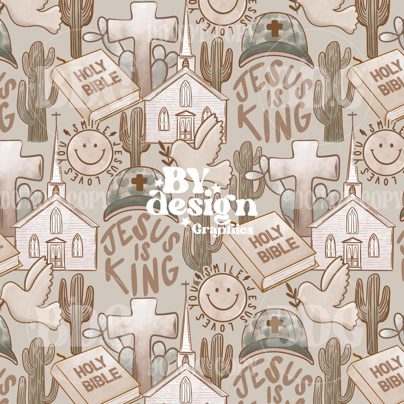 May include: A seamless pattern featuring a beige background with various religious and Christian themed illustrations. The pattern includes a church, crosses, cacti, doves, and the text "Jesus is King" and "Holy Bible".