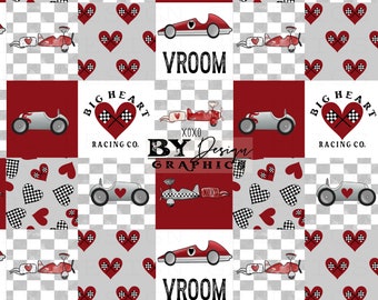 May include: A red, white, and gray checkered pattern with a red heart and a checkered flag. The pattern is repeated throughout the image. The text "BIG HEART RACING CO." is in the center of the image. The text "VROOM" is at the bottom of the image.