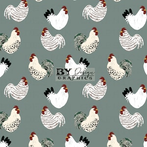 May include: A seamless pattern featuring a repeating design of roosters with white, black, and gray feathers on a light blue background. The roosters have red combs and wattles, and some have green tails. The text "BY Design GRAPHICS" is centered on the pattern.