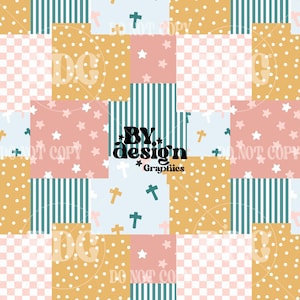 May include: A patchwork design featuring squares with various patterns. The patterns include white polka dots on a mustard yellow background, pink stars, teal stripes, and light blue crosses. The text "BY design Graphics" is in the center.