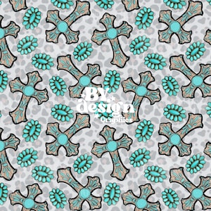 May include: A seamless pattern featuring turquoise blue crosses with brown accents on a white background with a leopard print pattern.