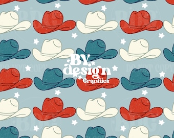 Western Fourth Seamless | Western Red White Blue Seamless | Chłopięcy Western Seamless | Western Patriotic Seamless | RWB Cowboy Hat Seamless