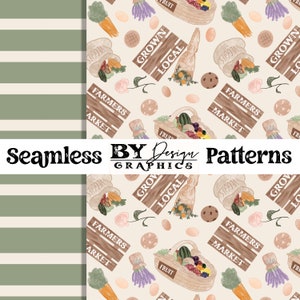 May include: A seamless pattern featuring a basket of fresh fruit, vegetables, and eggs, along with a sign that reads "Grown Local" and another sign that reads "Farmers Market". The pattern is on a cream background with brown and green accents.