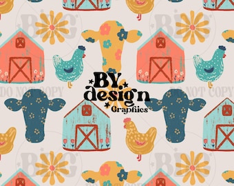 Bright Farm Seamless | Bright Chicken Seamless | Bright Cow Seamless | Farm Girl Seamless | Girl Chicken Seamless | Barn Seamless