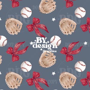 May include: A seamless pattern featuring baseballs, baseball gloves, red bows, and white stars on a blue background. The text "BY design Graphics" is in the center of the pattern.
