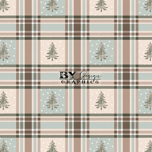 May include: A seamless plaid pattern with alternating squares of Christmas trees and white dots. The plaid design uses shades of brown, beige, and light blue. The text "BY Design GRAPHICS" is visible in the lower right corner.