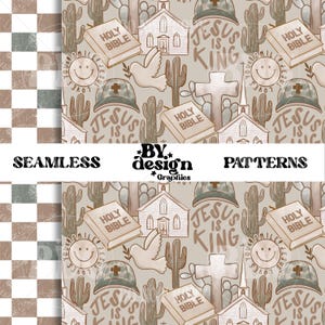 May include: A seamless pattern featuring a beige background with various religious and desert-themed illustrations. The pattern includes cacti, doves, crosses, churches, Bibles, and the text "Jesus is King".