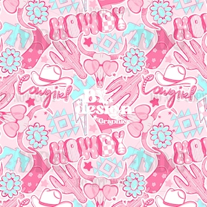 May include: A repeating pattern with pink and light blue cowboy-themed illustrations. The design includes cowboy boots, cacti, cowgirl hats, floral elements, and the words "Howdy" and "Cowgirl". The background is a soft pink.
