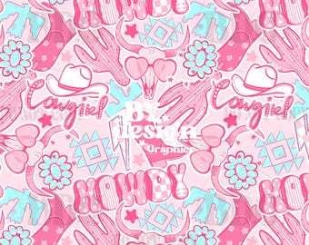 Pink Cowgirl Seamless | Pink Western Seamless | Howdy Girl Seamless | Western Collage Seamless | Turquoise Seamless | Hand Drawn