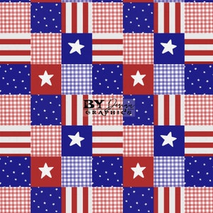 May include: A seamless pattern featuring a patchwork design of red, white, and blue squares. Each square has a different pattern, including stars, stripes, and gingham. The pattern is perfect for use in quilting, scrapbooking, and other crafts.