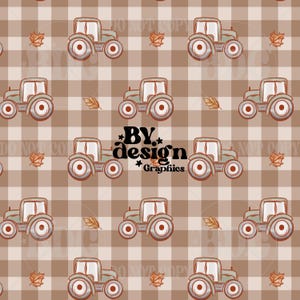 May include: A repeating pattern featuring light green tractors and autumn leaves on a brown and beige plaid background. The text "BY design Graphics" is also present in the image.