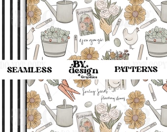 Gardening Seamless Pattern | Womens Garden Seamless | Girl Gardening Seamless | Homestead Seamless | Boho Garden Seamless