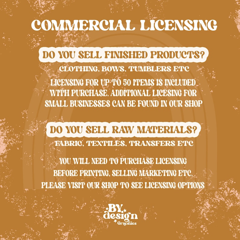 May include: A graphic with a brown background and white text explaining commercial licensing for finished products and raw materials. The text includes the phrase "DO YOU SELL FINISHED PRODUCTS?" and "DO YOU SELL RAW MATERIALS?" with examples of each. The graphic also includes the text "BY design Graphics".