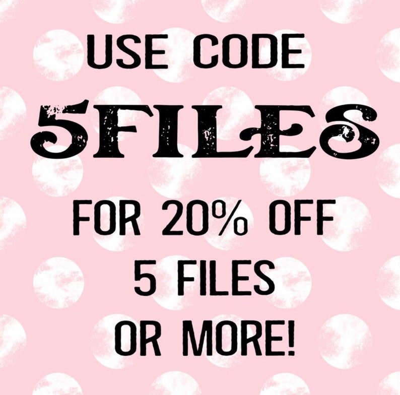 May include: Pink background with white polka dots. Text reads "USE CODE 5FILES FOR 20% OFF 5 FILES OR MORE!"
