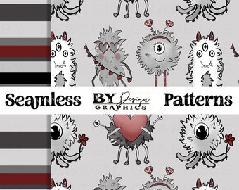 May include: A seamless pattern featuring cute, furry, gray monsters with hearts and flowers. The background is a light gray with a subtle texture. The pattern is perfect for Valentine's Day or any occasion.