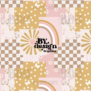 May include: A seamless pattern featuring a patchwork design with various textures and colors. The pattern includes a checkered background, polka dots, stripes, rainbows, and butterflies. The text "BY. design. Graphics" is featured in the center of the pattern.