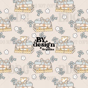 May include: A repeating pattern featuring stacks of books tied with ribbons, teacups, and floral accents. The design includes the text "BY design Graphics" in a whimsical font, set against a light beige background. White and blue flowers complete the design.