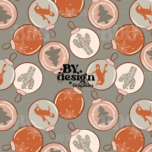 May include: A seamless pattern featuring various Christmas baubles with a southwestern theme. The baubles are decorated with cacti, pine trees, snowflakes, and cowboys. The background is a muted grey colour.
