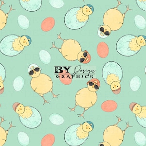 May include: A seamless pattern featuring cartoon chicks in various poses, including wearing sunglasses and hats, and hatching from eggs. The background is a light blue-green color with scattered red and blue eggs.