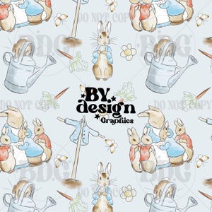 May include: A seamless pattern featuring a blue background with illustrations of bunnies, watering cans, and carrots. The text "By design Graphics" is in the centre of the pattern.