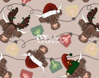May include: A repeating pattern featuring cartoon Highland cows wearing festive holiday accessories. The cows are adorned with Santa hats, elf hats, and reindeer antlers with Christmas lights. The design includes string lights in various colors on a neutral background.