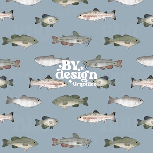 May include: A seamless pattern featuring various types of fish, including catfish, bass, and trout. The fish are illustrated in a watercolour style with a light blue background. The text "BY. design. Graphics" is centred on the pattern.