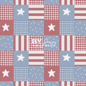 May include: A seamless pattern featuring a patchwork design of red, white, and blue squares. The squares are decorated with stars, stripes, and gingham patterns.