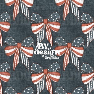 May include: A seamless pattern featuring red, white, and blue bows with stars and stripes on a dark blue background. The text "BY. design. Graphics" is in the center of the pattern.