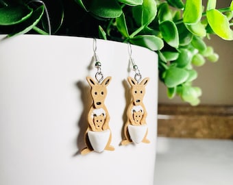 Mama Kangaroo Earrings - Baby Animal Jewelry - Mom and Baby Kangaroo Charm