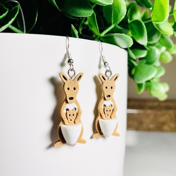 Mama Kangaroo Earrings - Baby Animal Jewelry - Mom and Baby Kangaroo Charm