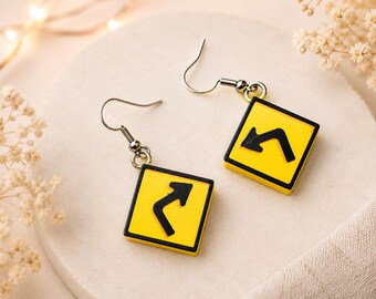 Curved Arrow Road Sign Earrings – Yellow Traffic Sign Jewelry – Driver Gift – Funny Road Trip Earrings – Quirky Earrings – Car Lover gift