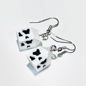 Cow Spotted Milk Carton Earrings - Miniture Milk Carton Charms - Little School Lunch Milk Jewelry - Earrings for Lunch Ladies