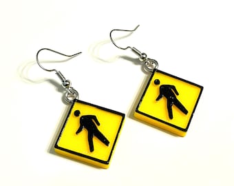 Yellow Pedestrian Crossing Sign Earrings - Dangling Traffic Sign Earrings for Women, Girls, Children, School - Sterling Silver Hooks
