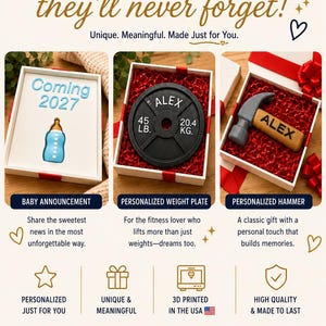 May include: A promotional graphic for personalized gifts featuring three gift boxes: one with a baby bottle and 'Coming 2027' text, one with a black weight plate labeled 'ALEX 45 LB. 20.4 KG.', and one with a hammer labeled 'ALEX'. Includes text about custom items.
