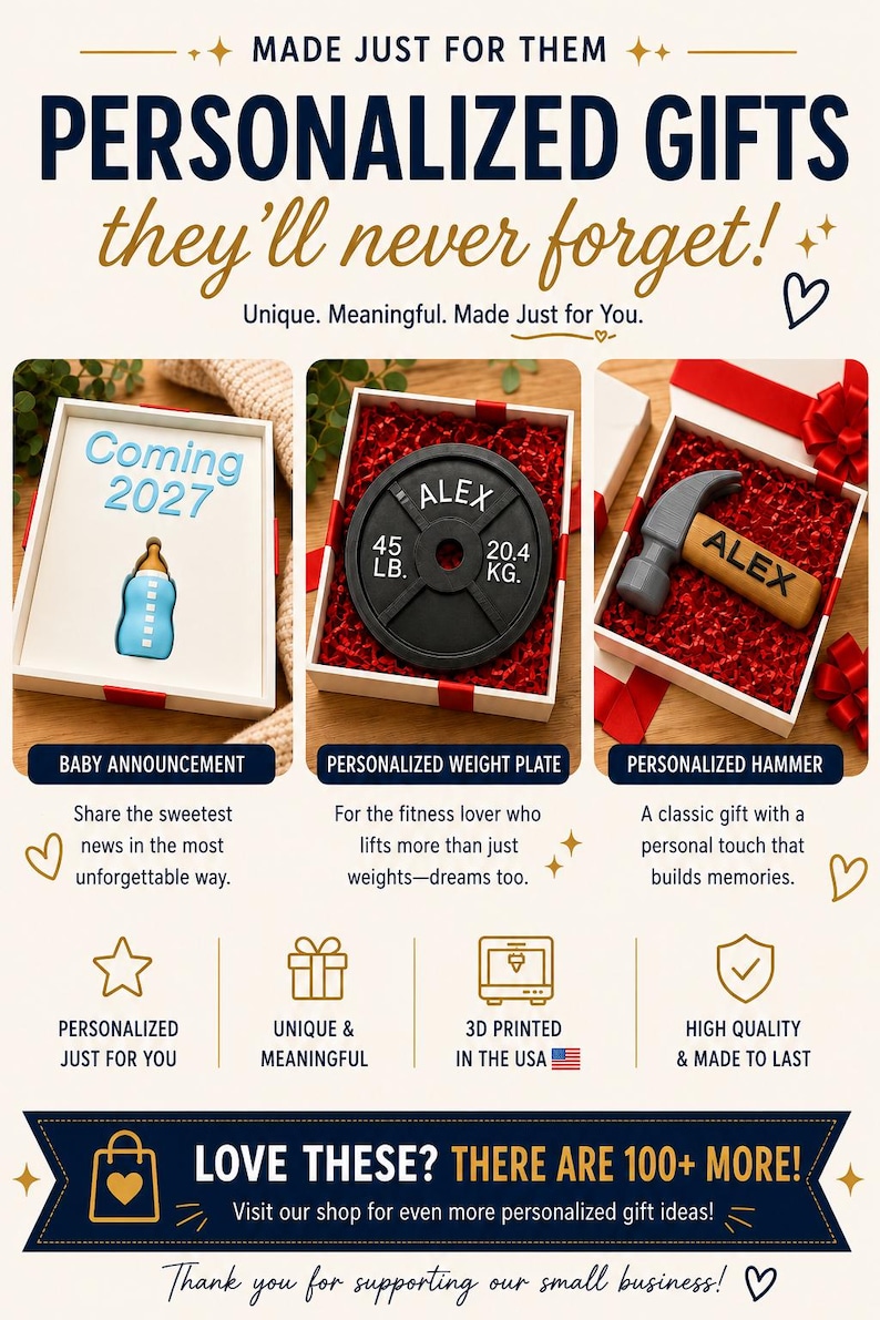 May include: A promotional graphic for personalized gifts featuring three gift boxes: one with a baby bottle and 'Coming 2027' text, one with a black weight plate labeled 'ALEX 45 LB. 20.4 KG.', and one with a hammer labeled 'ALEX'. Includes text about custom items.