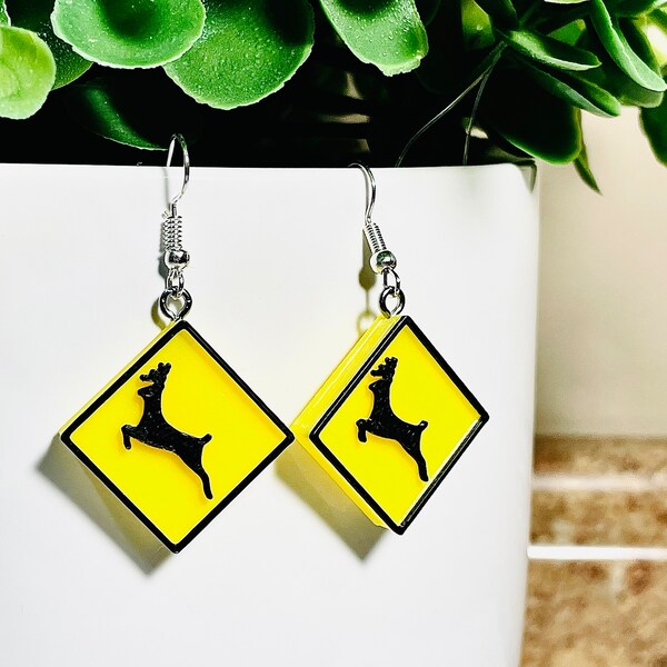 Yellow Deer Caution Sign Earrings - Dangling Traffic Sign Jewelry - Deer Crossing Sign Charm